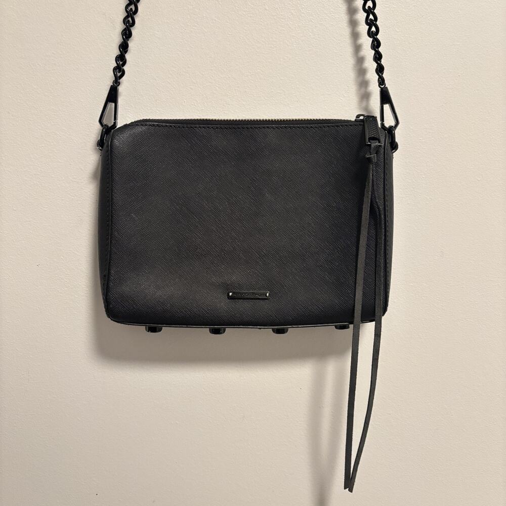 Rebecca Minkoff Crossbody Bag Womens Black Saffiano Leather Chain Zip‎ Camera